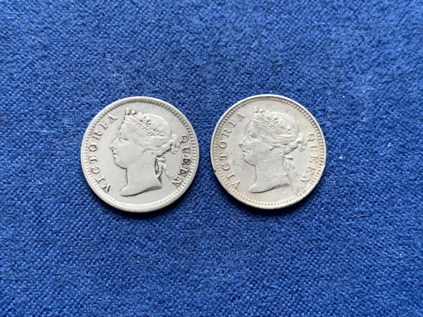《竞宝斋》第464场 周日，周一，周二，3场连拍 （全场包邮）欢迎送拍 两枚一组 香港 1897年/1892年维多利亚五仙银币 人像清晰，自然包浆，AU品相