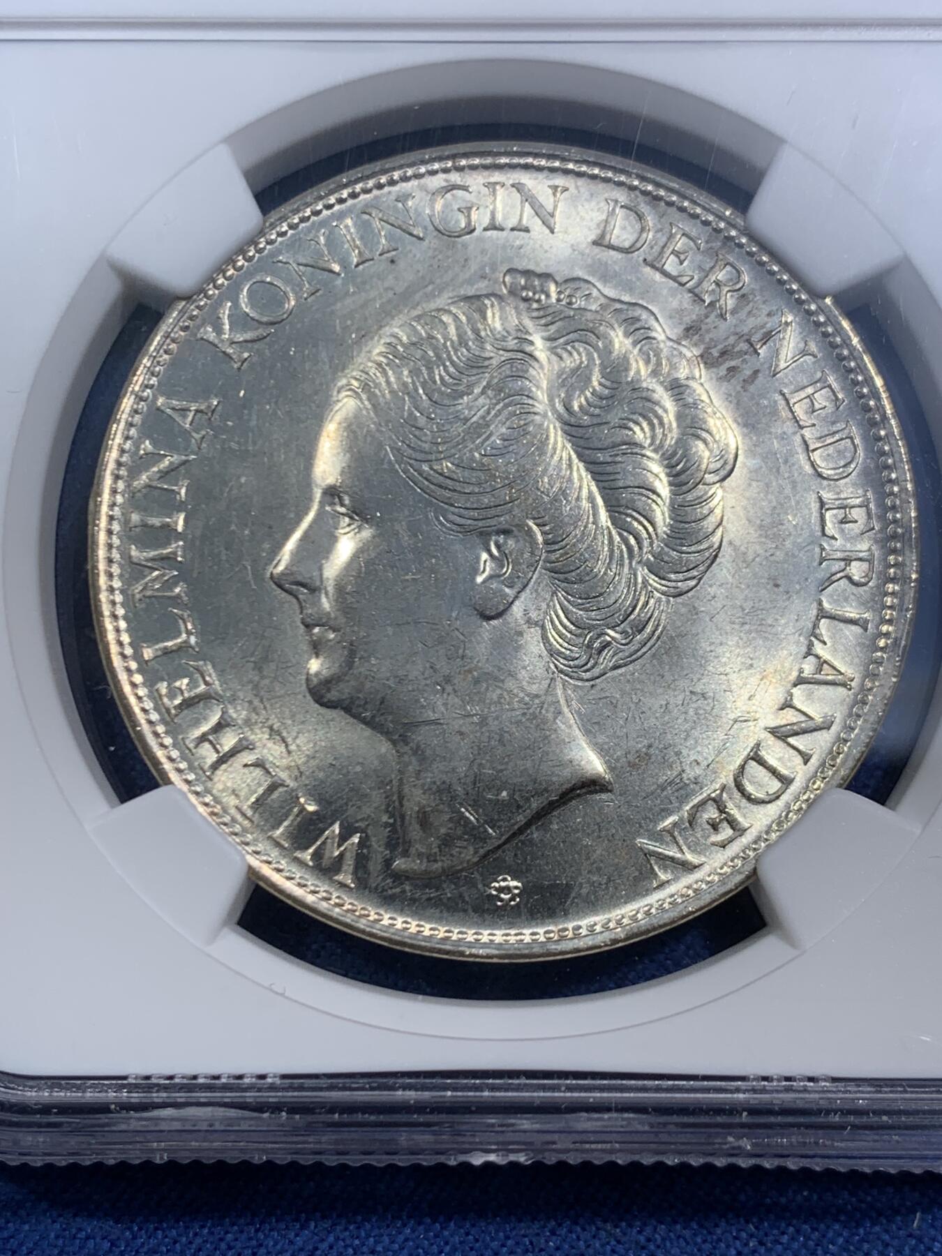 《竞宝斋》第464场 周日，周一，周二，3场连拍 （全场包邮）欢迎送拍 NGC MS62 荷属库拉索1944D威廉敏娜2.5盾