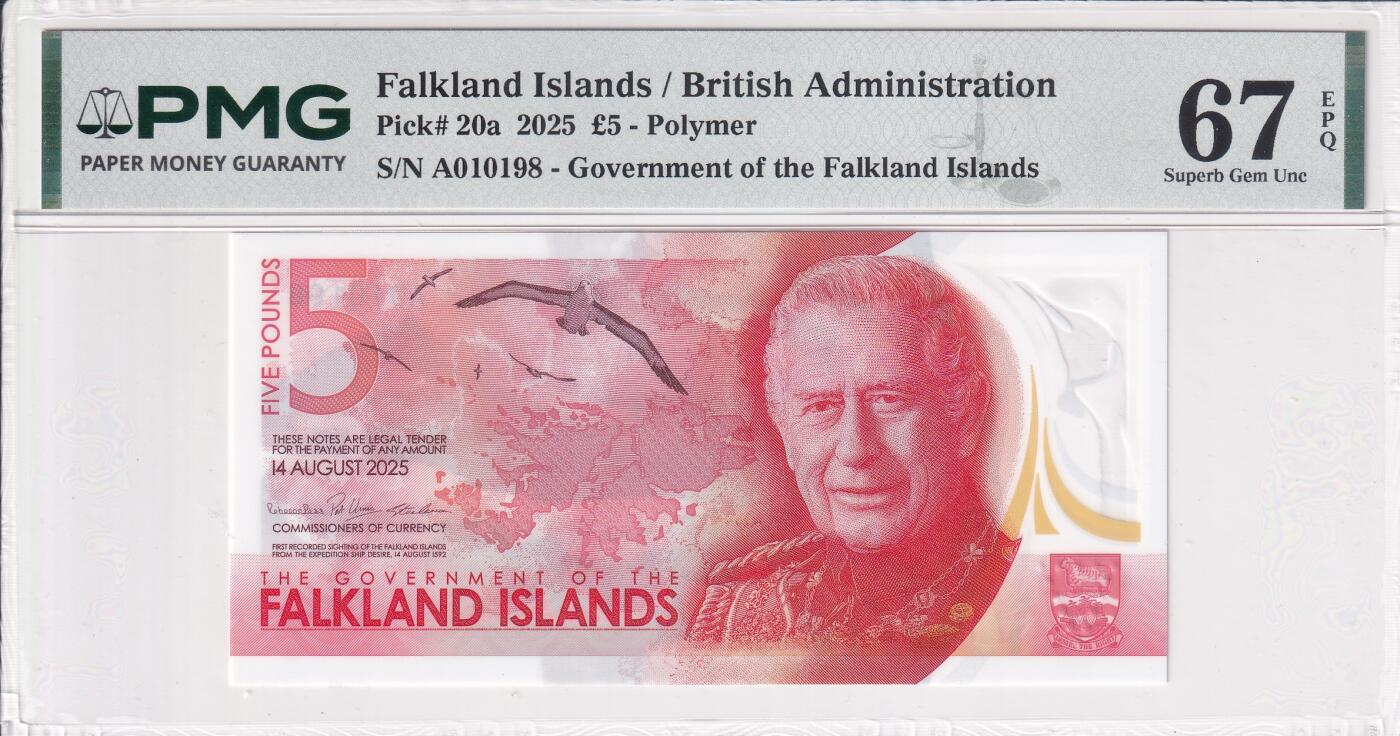 【礼羽收藏】🌏世界钱币拍卖第123期 【A010198】全新UNC 2025年福克兰群岛5镑 塑料钞 查尔斯 首发A冠 无3457尾198 倒置号 PMG67 高分靓号