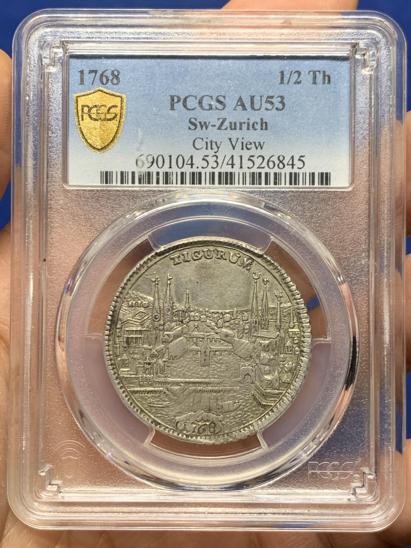 《竞宝斋》第464场 周日，周一，周二，3场连拍 （全场包邮）欢迎送拍 PCGS AU53 瑞士联邦1768年苏黎世城市景观1/2泰勒 瑞士景观泰勒名品之一 苏黎世城市象征雄狮持剑威武 原味好状态