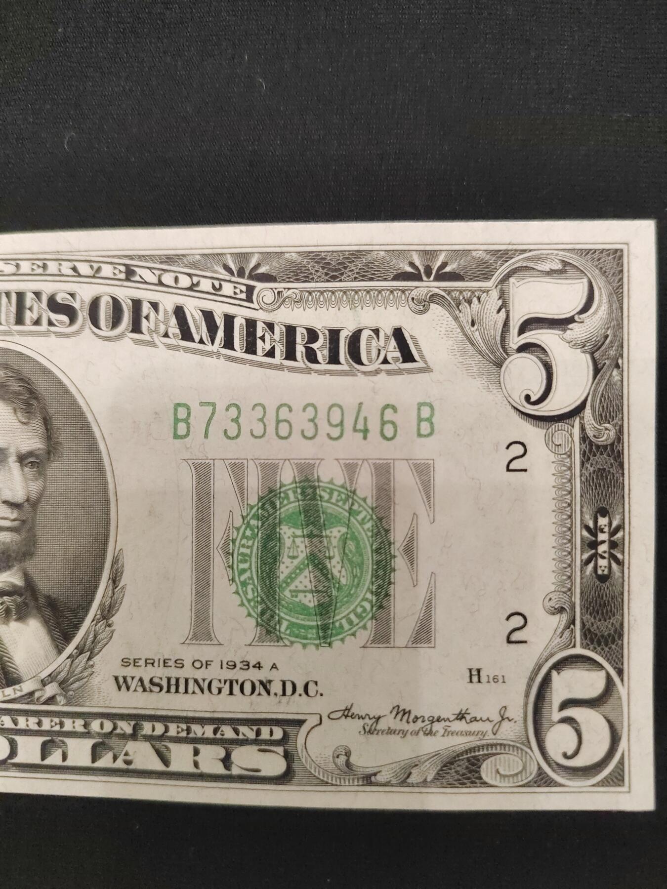 1934年5美元，品相UNC