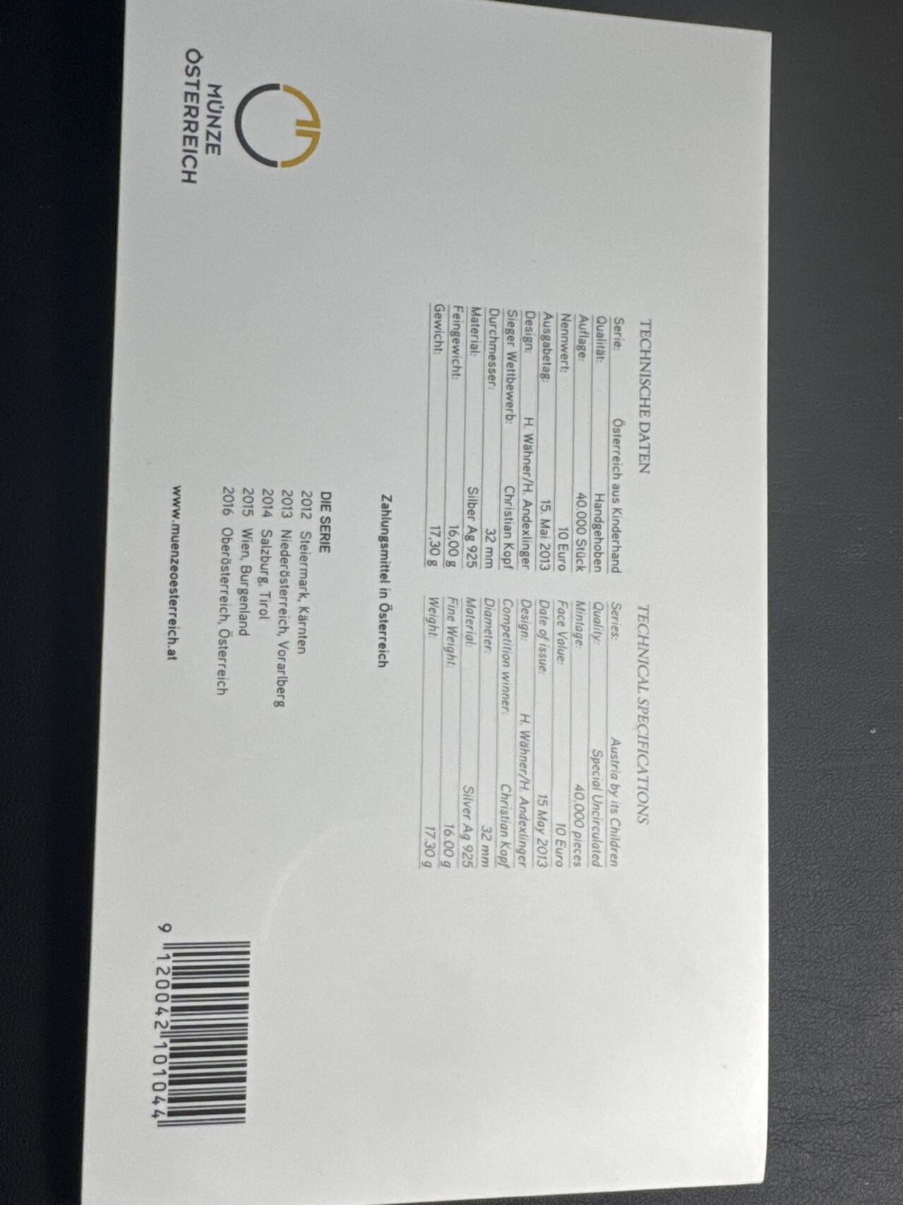 ❤️【币观天下】❤️ 第342期钱币秒杀拍卖场- 2026.2.4秒杀专场 长期征集拍品  奥地利联邦省系列银币 原厂封装卡册(面值10欧，重量17.3克)2013年下奥地利州