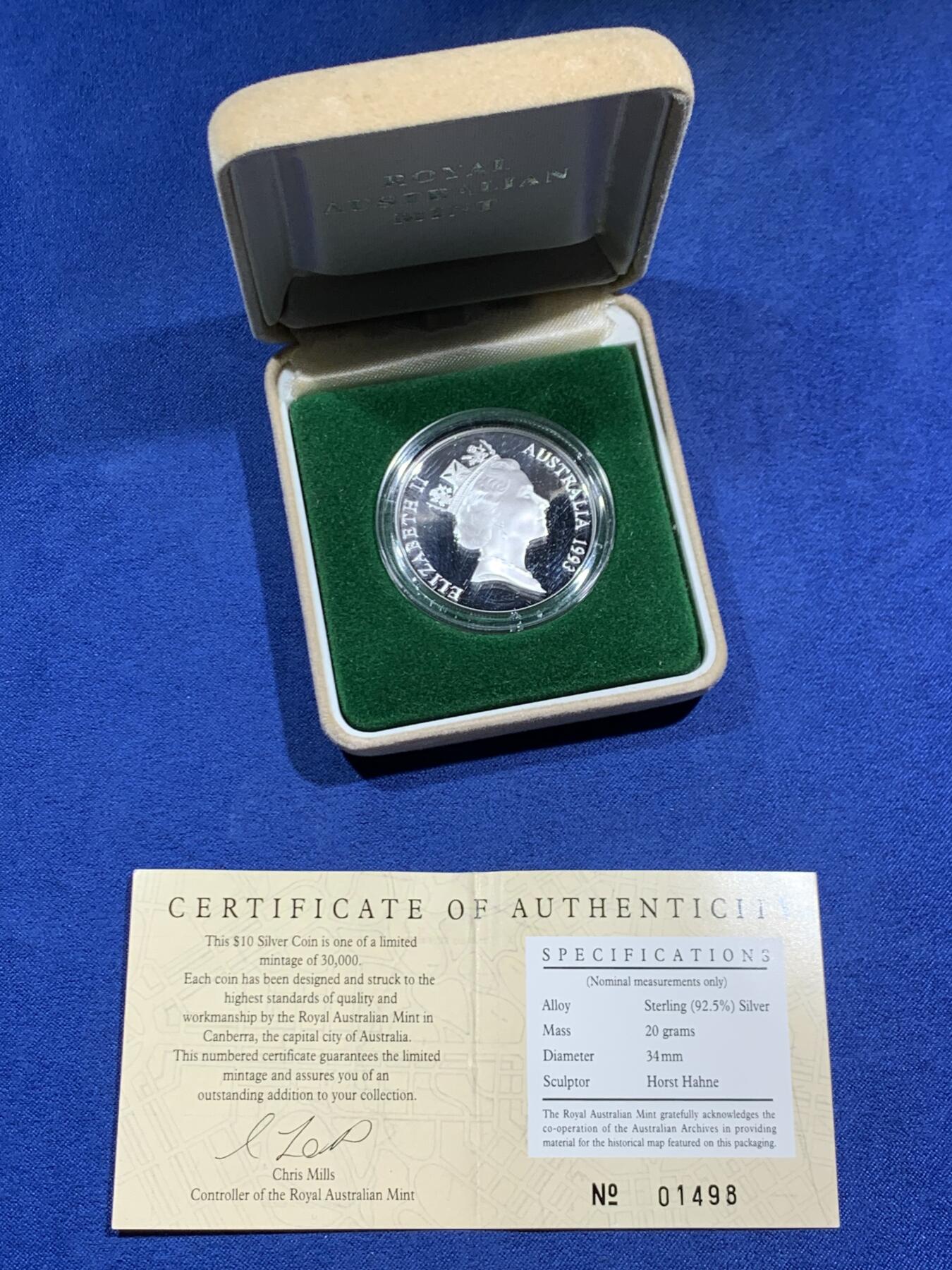 《竞宝斋》第464场 周日，周一，周二，3场连拍 （全场包邮）欢迎送拍 1993年澳大利亚10元精制银币 澳大利亚首都地区 20克925银 发行量：3万 盒证全