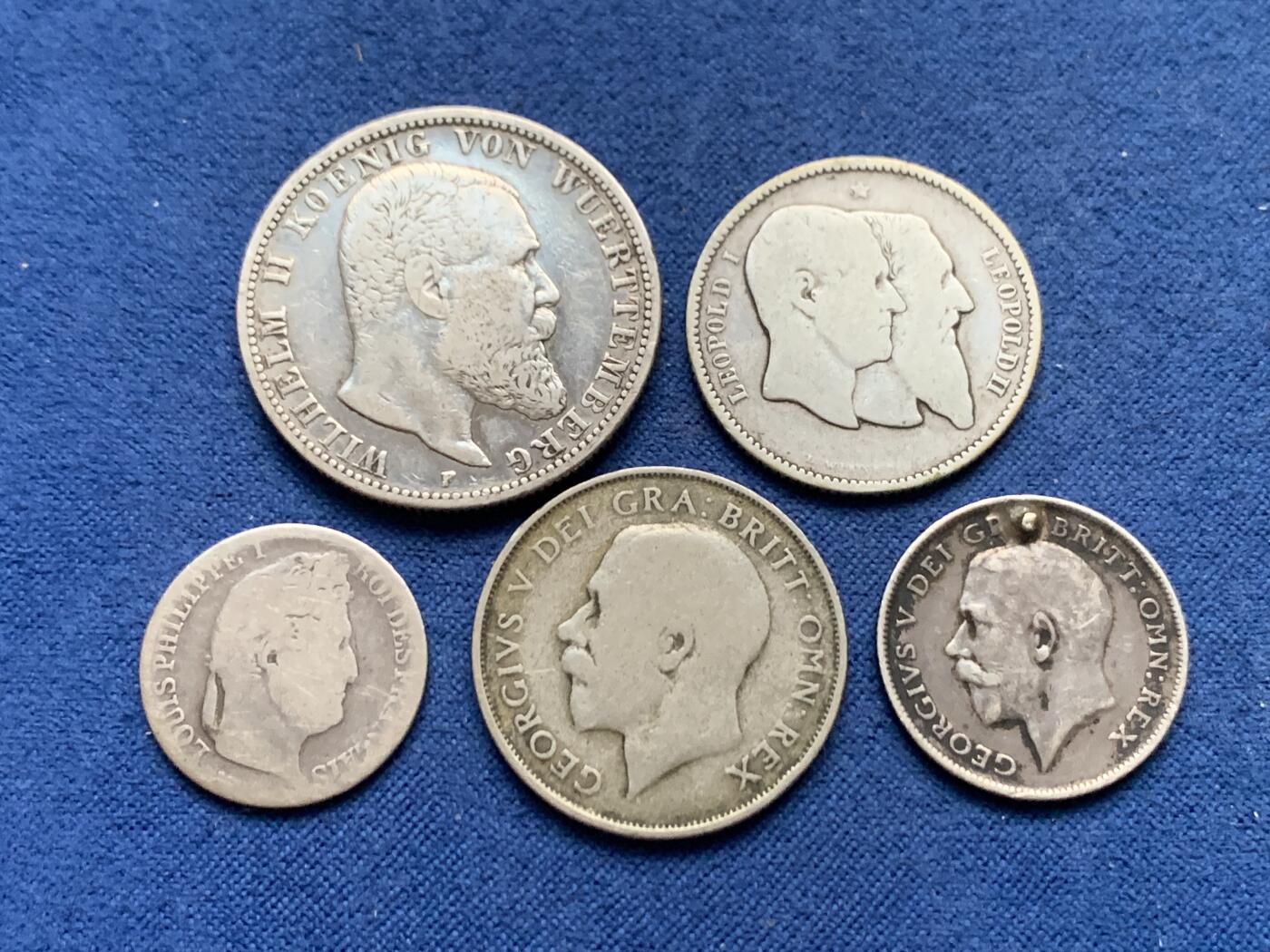 《竞宝斋》第464场 周日，周一，周二，3场连拍 （全场包邮）欢迎送拍 五枚一组 德国2马克+比利时1法郎+英国1先令+法国半法郎+英国6便士