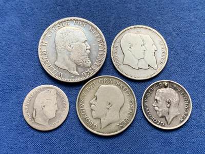 《竞宝斋》第464场 周日，周一，周二，3场连拍 （全场包邮）欢迎送拍 - 五枚一组 德国2马克+比利时1法郎+英国1先令+法国半法郎+英国6便士