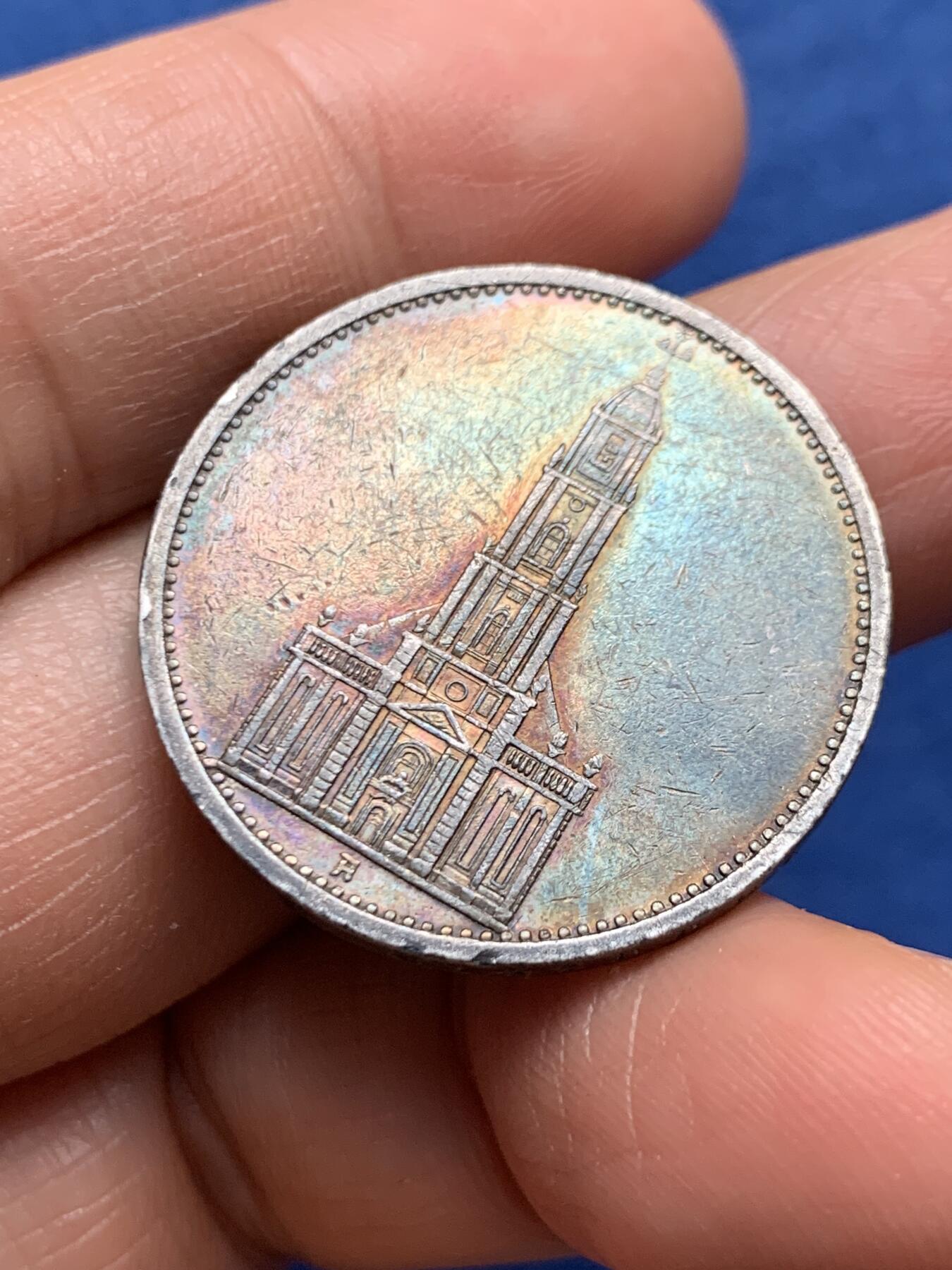 《竞宝斋》第464场 周日，周一，周二，3场连拍 （全场包邮）欢迎送拍 德国帝国教堂5马克1934年A版，29mm，13.8克，900银，五彩包浆