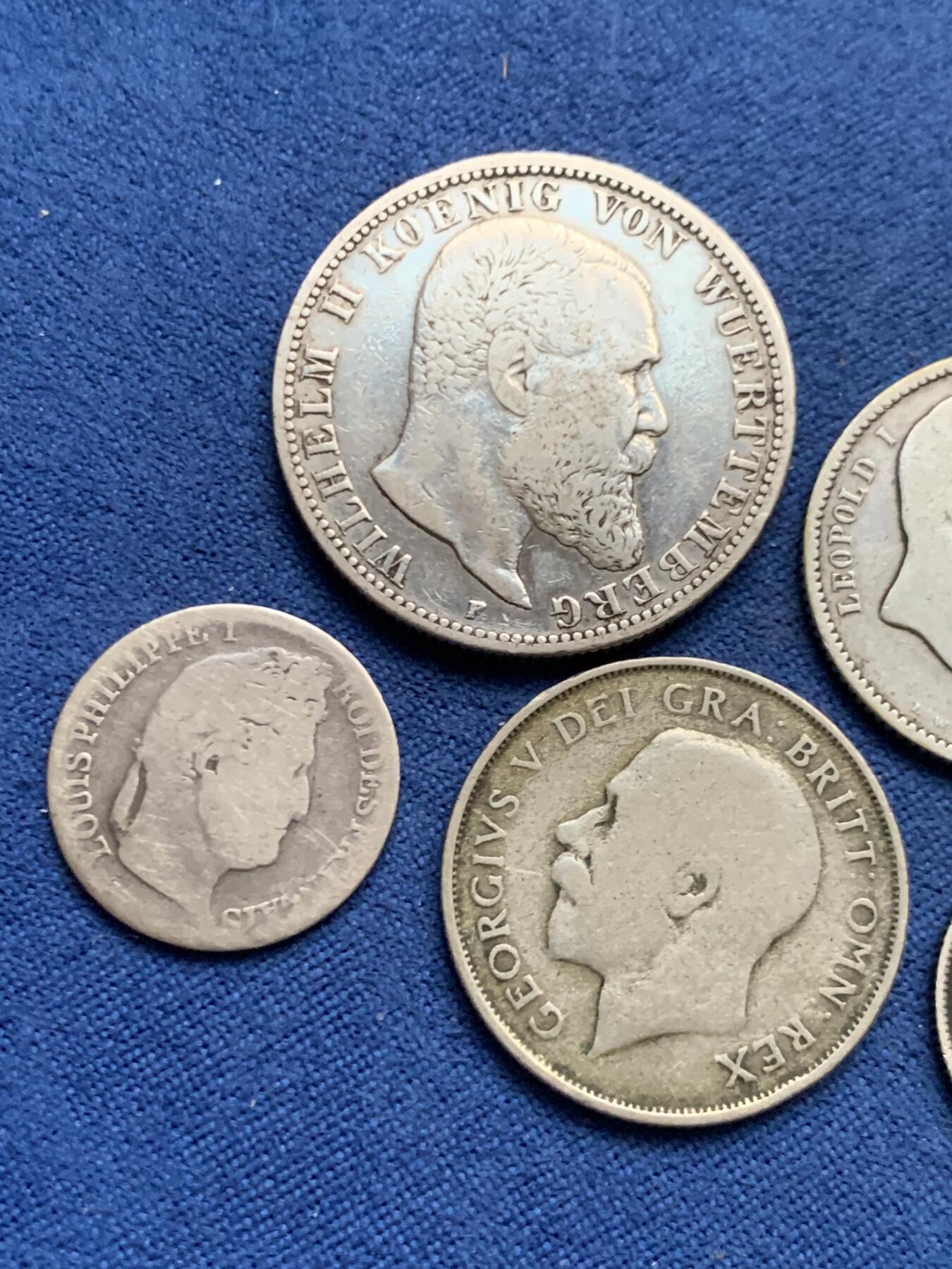 《竞宝斋》第464场 周日，周一，周二，3场连拍 （全场包邮）欢迎送拍 五枚一组 德国2马克+比利时1法郎+英国1先令+法国半法郎+英国6便士