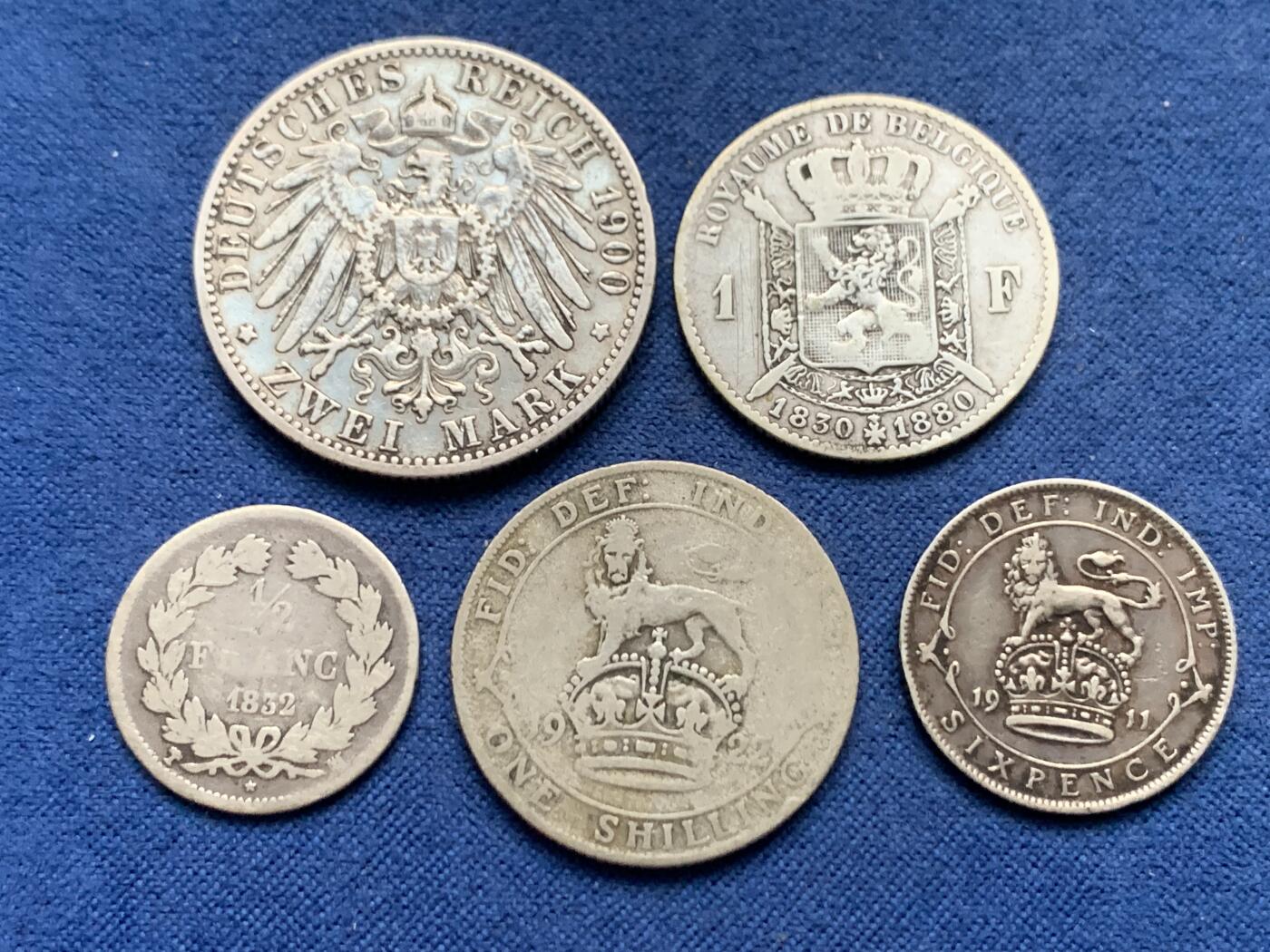 《竞宝斋》第464场 周日，周一，周二，3场连拍 （全场包邮）欢迎送拍 五枚一组 德国2马克+比利时1法郎+英国1先令+法国半法郎+英国6便士