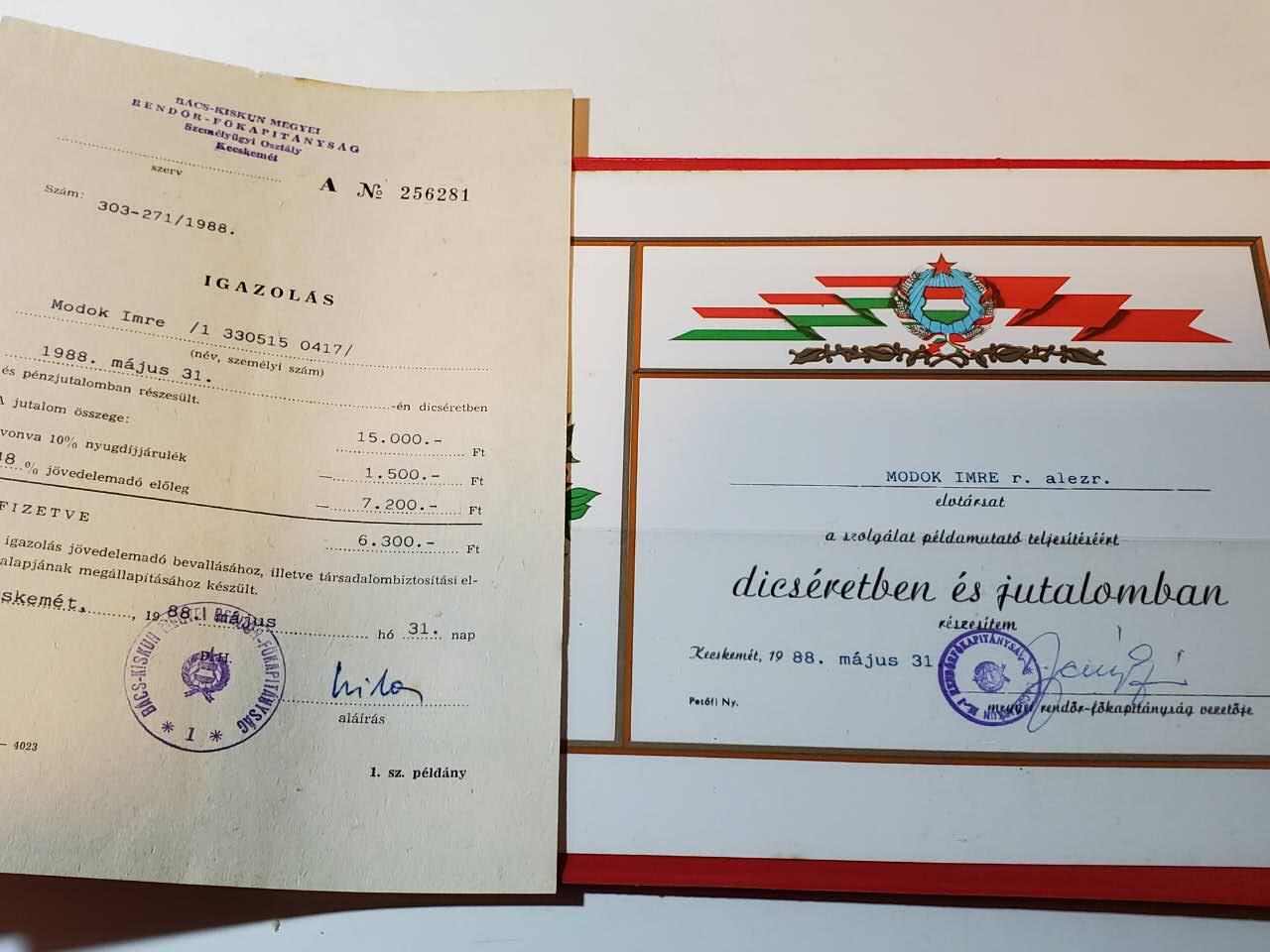 韵星假日军品类拍卖第三十九期暨默多克中校夫妇专场 -- Rimey Holidays Militaria Auction 39 & The Modoks Collection  匈牙利人民共和国默多克中校1988年为祖国和公务卓越服务大表彰证书，个人事务部资助工资福利证