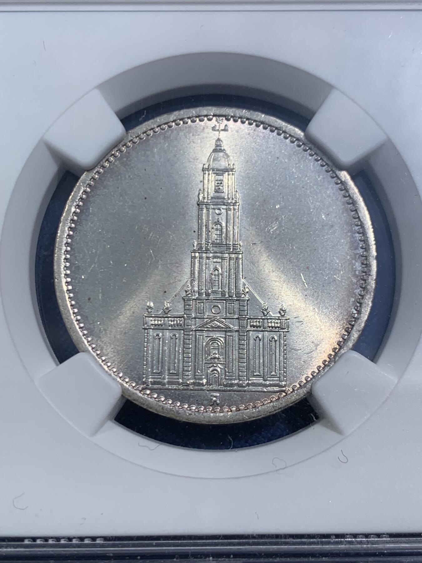 《竞宝斋》第464场 周日，周一，周二，3场连拍 （全场包邮）欢迎送拍 NGC MS64 德国 1934年 无日期版教堂5马克 柏林厂 冠军分！受限于工艺无字教堂马克上64分的极少