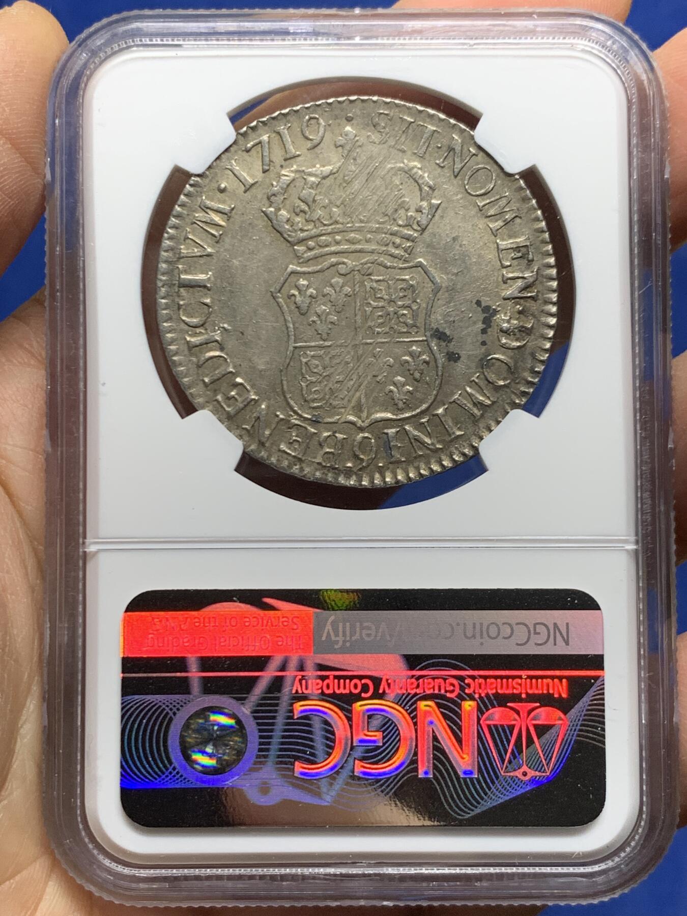 《竞宝斋》第464场 周日，周一，周二，3场连拍 （全场包邮）欢迎送拍 NGC UNC 法国1719年路易十五埃居 儿童版 9少见小厂RENNES铸造 稀有度R2 UNC未流通状态