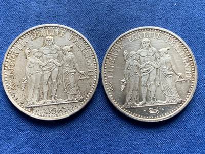《竞宝斋》第464场 周日，周一，周二，3场连拍 （全场包邮）欢迎送拍 - 两枚一组 法国1965年大力神10法郎银币