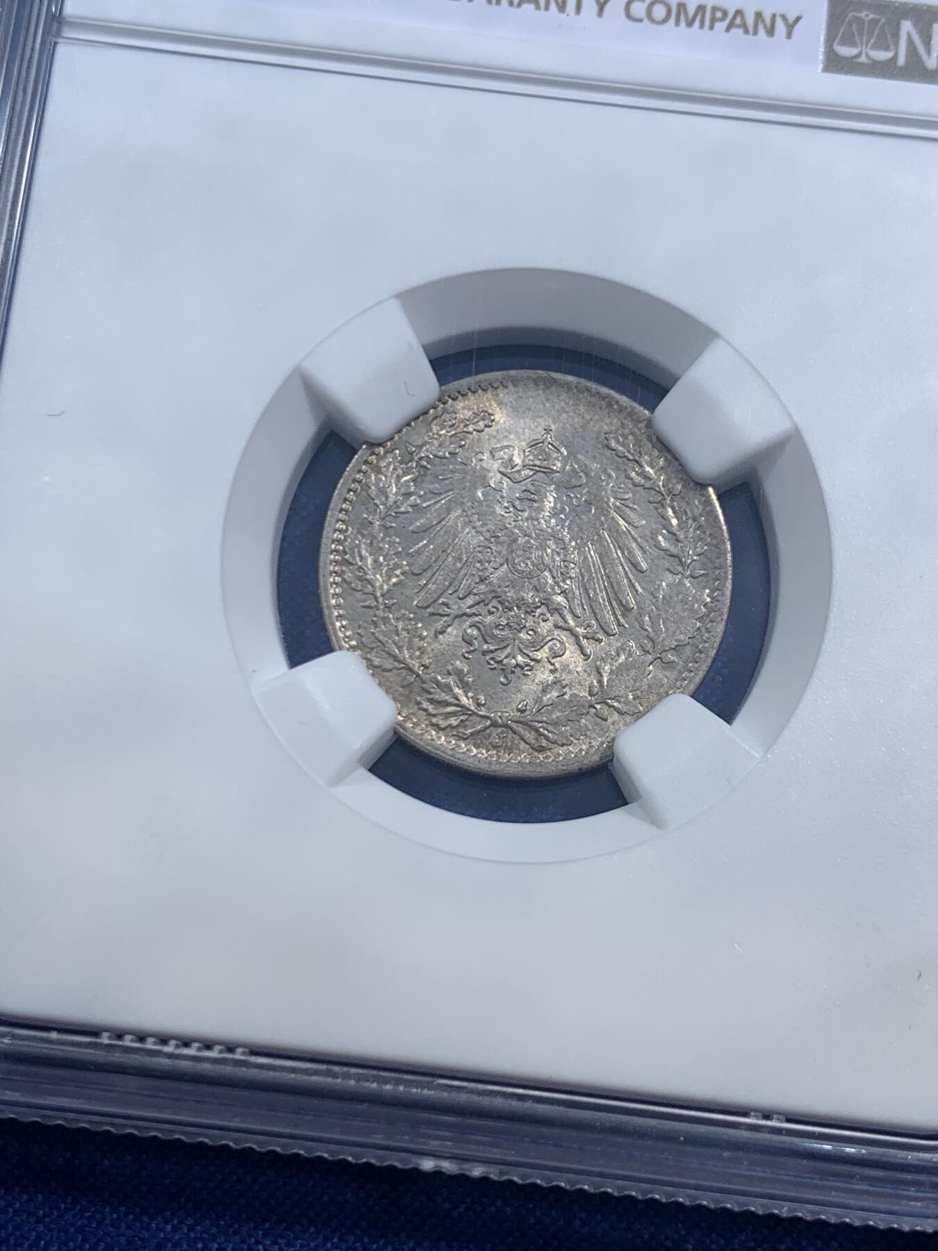 《竞宝斋》第464场 周日，周一，周二，3场连拍 （全场包邮）欢迎送拍 两枚同型号同评级 NGC MS65 德国1918年J版汉堡造币厂德国1/2马克 银币 高分品相