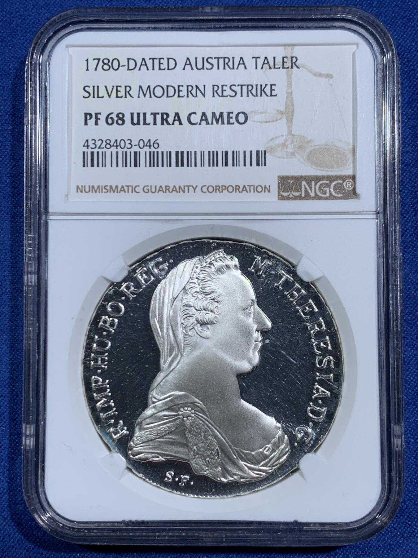 《竞宝斋》第464场 周日，周一，周二，3场连拍 （全场包邮）欢迎送拍 NGC PF68UC 奥地利1780大奶妈泰勒精制银币 后铸版