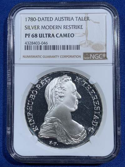 《竞宝斋》第464场 周日，周一，周二，3场连拍 （全场包邮）欢迎送拍 - NGC PF68UC 奥地利1780大奶妈泰勒精制银币 后铸版