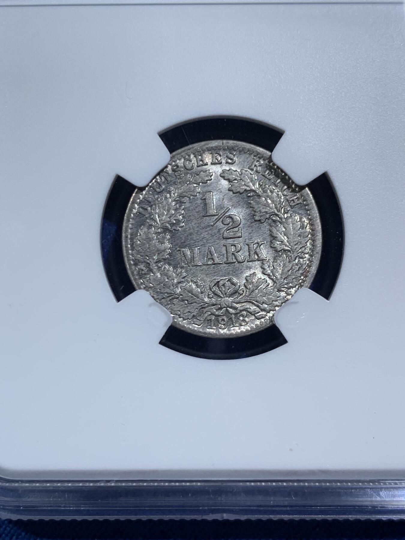 《竞宝斋》第464场 周日，周一，周二，3场连拍 （全场包邮）欢迎送拍 两枚同型号同评级 NGC MS65 德国1918年J版汉堡造币厂德国1/2马克 银币 高分品相