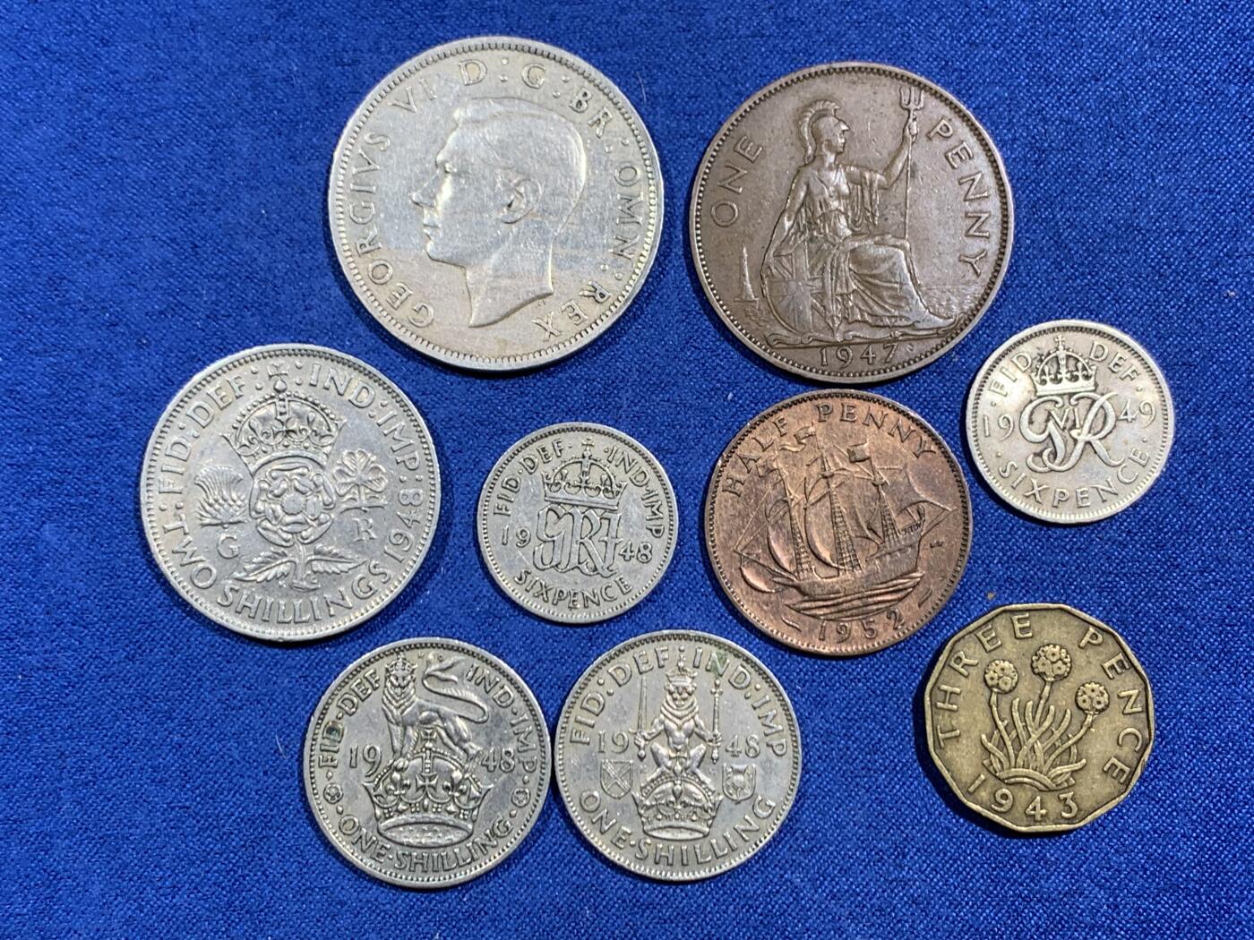 《竞宝斋》第464场 周日，周一，周二，3场连拍 （全场包邮）欢迎送拍 九枚一组 乔治六世硬币