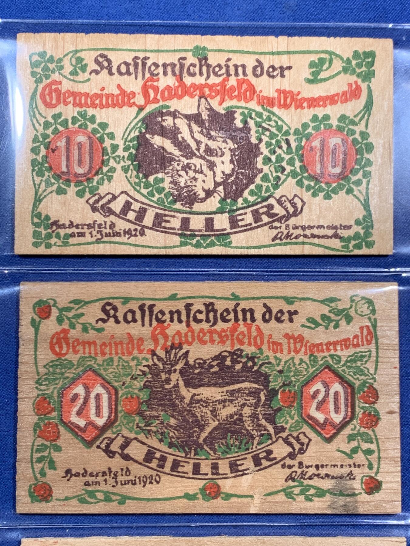 《竞宝斋》第464场 周日，周一，周二，3场连拍 （全场包邮）欢迎送拍 奥地利Hadersfeld哈德斯菲尔德，1920年10-20-50赫勒 木质紧急状态币 红色较鲜艳为少字版 成套不易。年代久远，木头不易保存，如此品相的依然难得一见。