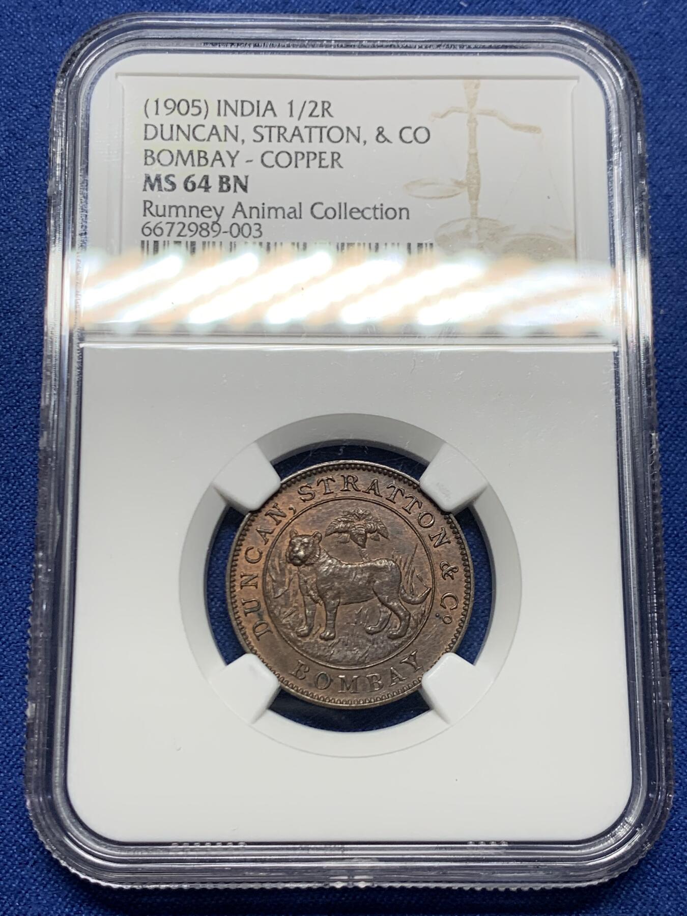 《竞宝斋》第464场 周日，周一，周二，3场连拍 （全场包邮）欢迎送拍 NGC MS64BN 英属印度1905年1/2R 英国邓肯.斯特拉顿造币厂 孟加拉虎广告代币。用于宣传自家的造币设备。高分，英国钱币名家动物钱币系列集藏。