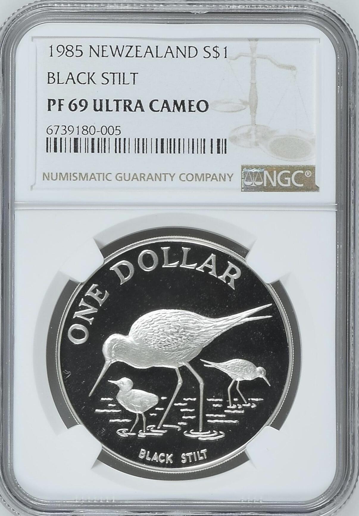 S&S Numismatic世界钱币-拍卖 第120期  新西兰1985年 本地鸟类保护-黑长脚鹬 1新元精制纪念银币 27.22克925银 NGC PF69UC
