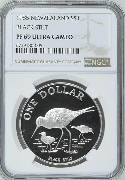 S&S Numismatic世界钱币-拍卖 第120期  - 新西兰1985年 本地鸟类保护-黑长脚鹬 1新元精制纪念银币 27.22克925银 NGC PF69UC