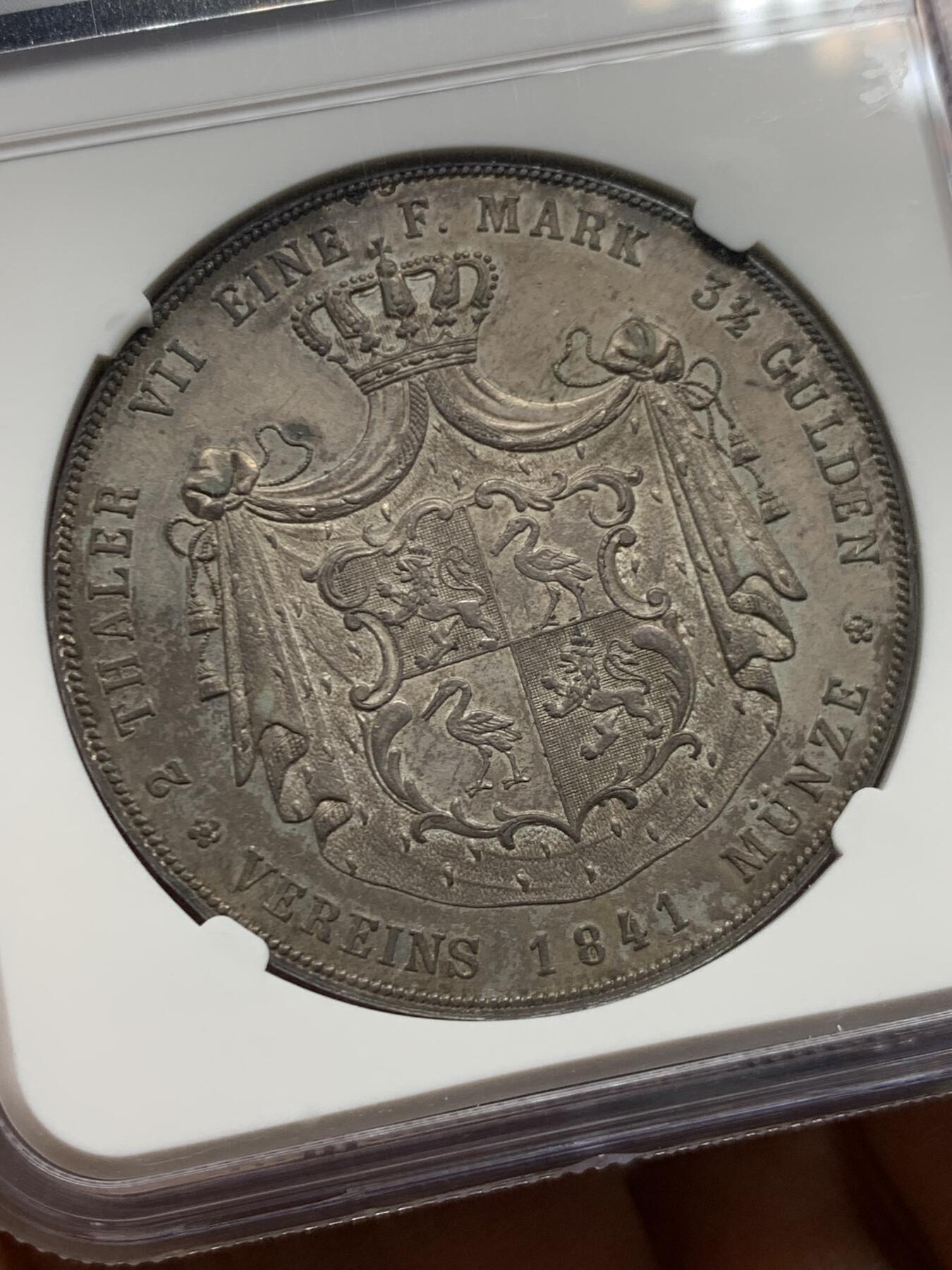 《竞宝斋》第464场 周日，周一，周二，3场连拍 （全场包邮）欢迎送拍 NGC AU58 德国 1841 罗斯流通纹章2泰勒37克大银币 深彩原味包浆限制了分数的想象 发行量仅有2400枚