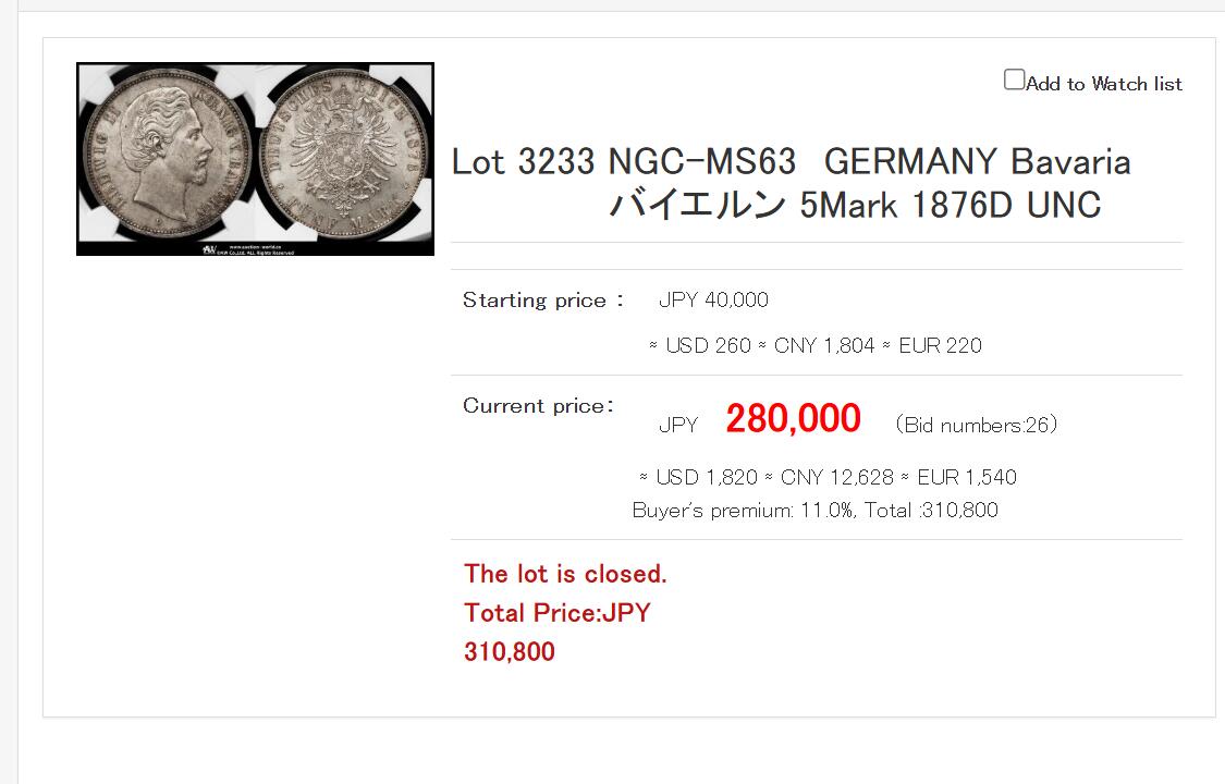 万国钱币拍卖第060期（万国六十期纪念大拍） NGC MS63 1876D德国巴伐利亚路德维希二世短翅5马克 初打细节锋利 银霜转光炸裂 好品难得一见的短翅大银品种 刚刚结束的日本环球拍卖同分成交价约合人民币1.4万元