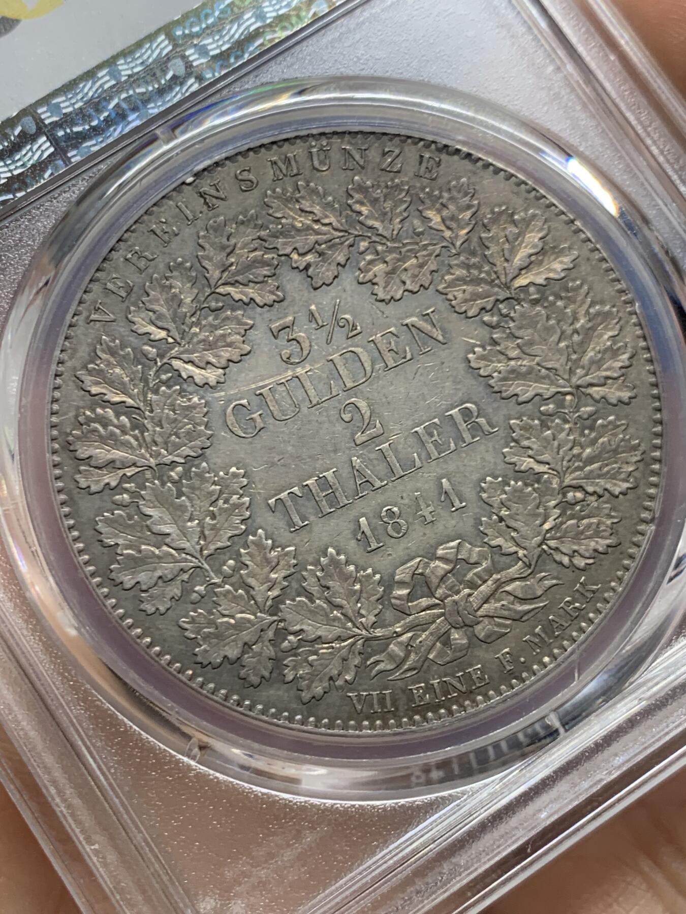 《竞宝斋》第464场 周日，周一，周二，3场连拍 （全场包邮）欢迎送拍 PCGS AU55 德国1841年法兰克福城市景观2泰勒大银币