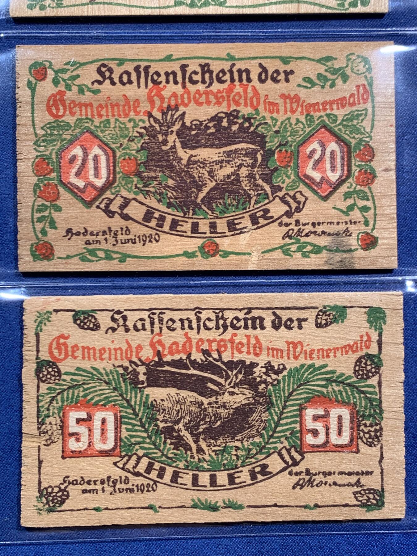 《竞宝斋》第464场 周日，周一，周二，3场连拍 （全场包邮）欢迎送拍 奥地利Hadersfeld哈德斯菲尔德，1920年10-20-50赫勒 木质紧急状态币 红色较鲜艳为少字版 成套不易。年代久远，木头不易保存，如此品相的依然难得一见。