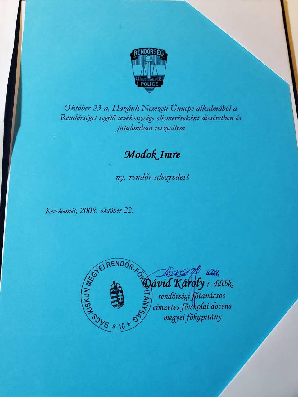韵星假日军品类拍卖第三十九期暨默多克中校夫妇专场 -- Rimey Holidays Militaria Auction 39 & The Modoks Collection  匈牙利共和国(1989-2012)不同时期默多克中校警察总局感谢信两张