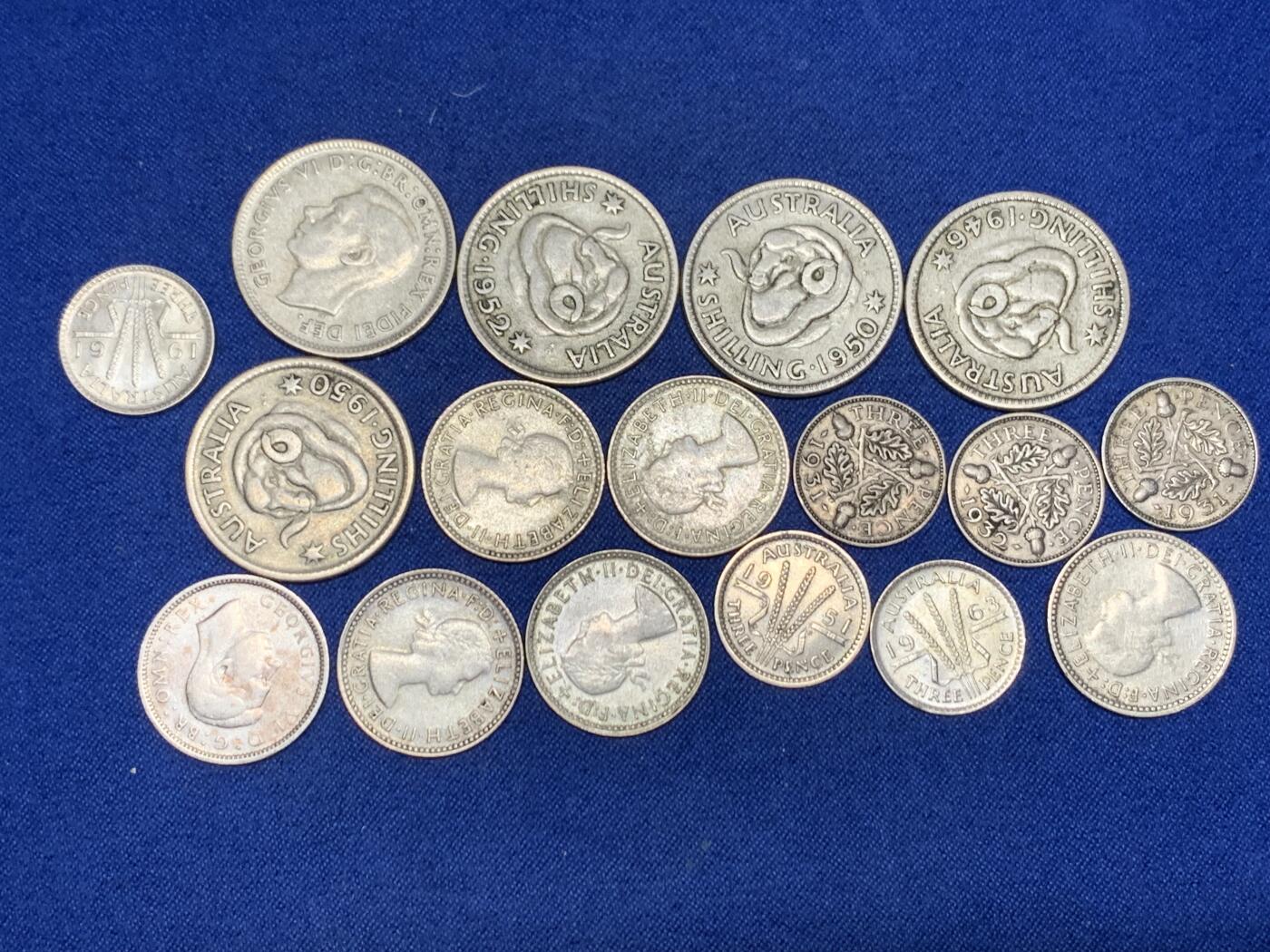 《竞宝斋》第464场 周日，周一，周二，3场连拍 （全场包邮）欢迎送拍 17枚一组 澳大利亚1先令银币5枚+6便士银币（维多利亚5枚+乔六1枚）+3便士银币（乔五3枚+乔六1枚+维多利亚2枚）500银 总重53.15克