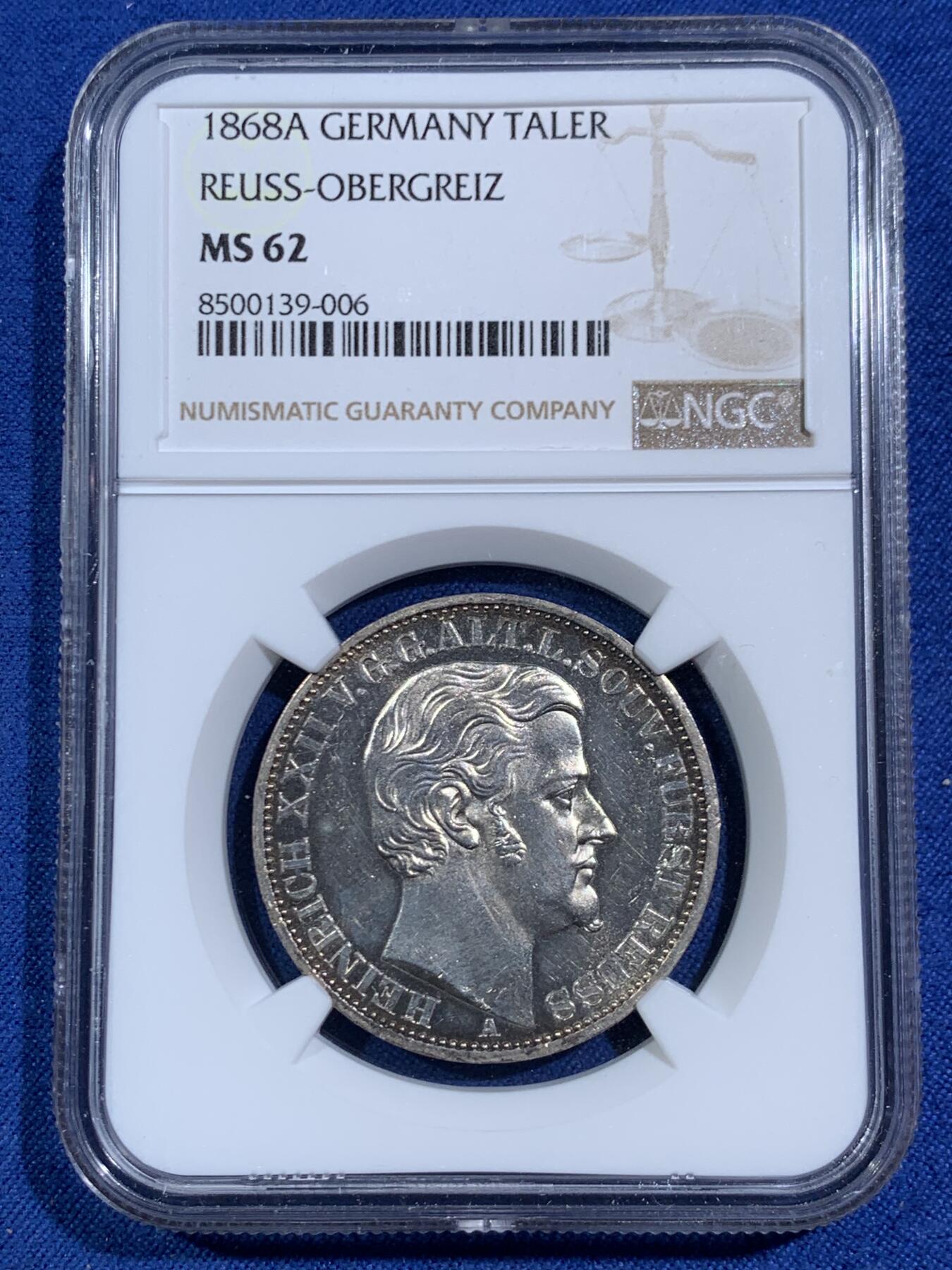 《竞宝斋》第464场 周日，周一，周二，3场连拍 （全场包邮）欢迎送拍 NGC MS62 德国 1868 罗斯上格莱茨仙鹤纹章泰勒，流通充分的罕见小邦品种，单年发行7100枚，类镜面底板