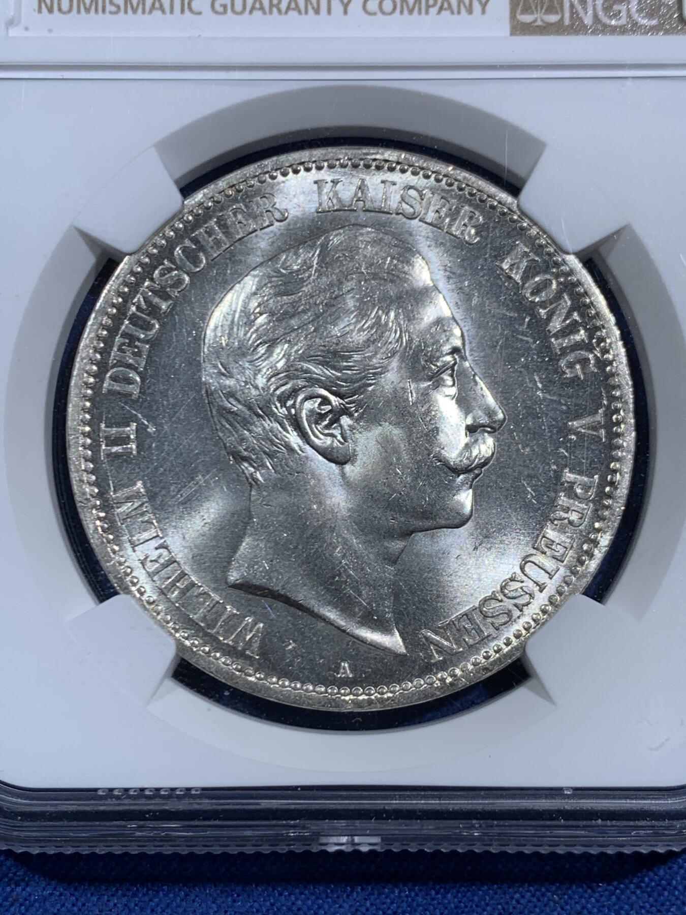 《竞宝斋》第464场 周日，周一，周二，3场连拍 （全场包邮）欢迎送拍 NGC MS63 德国 1907A 普鲁士 威廉二世皇帝 5马克 银币 好品相数量稀少，底板很美