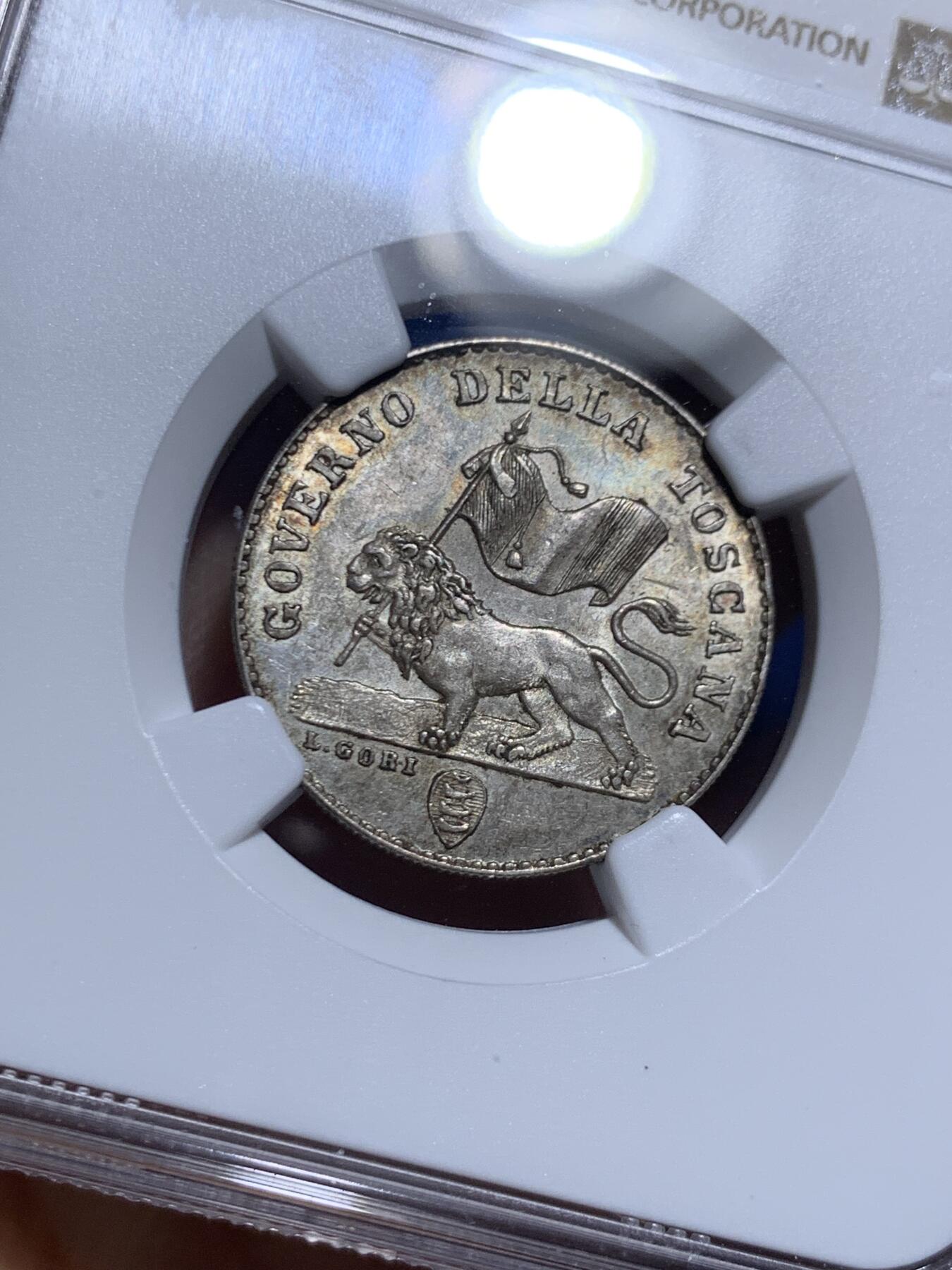 《竞宝斋》第464场 周日，周一，周二，3场连拍 （全场包邮）欢迎送拍 NGC MS62+意大利 1859 托斯卡纳1 forin 银币 临时政府发行的唯一银币