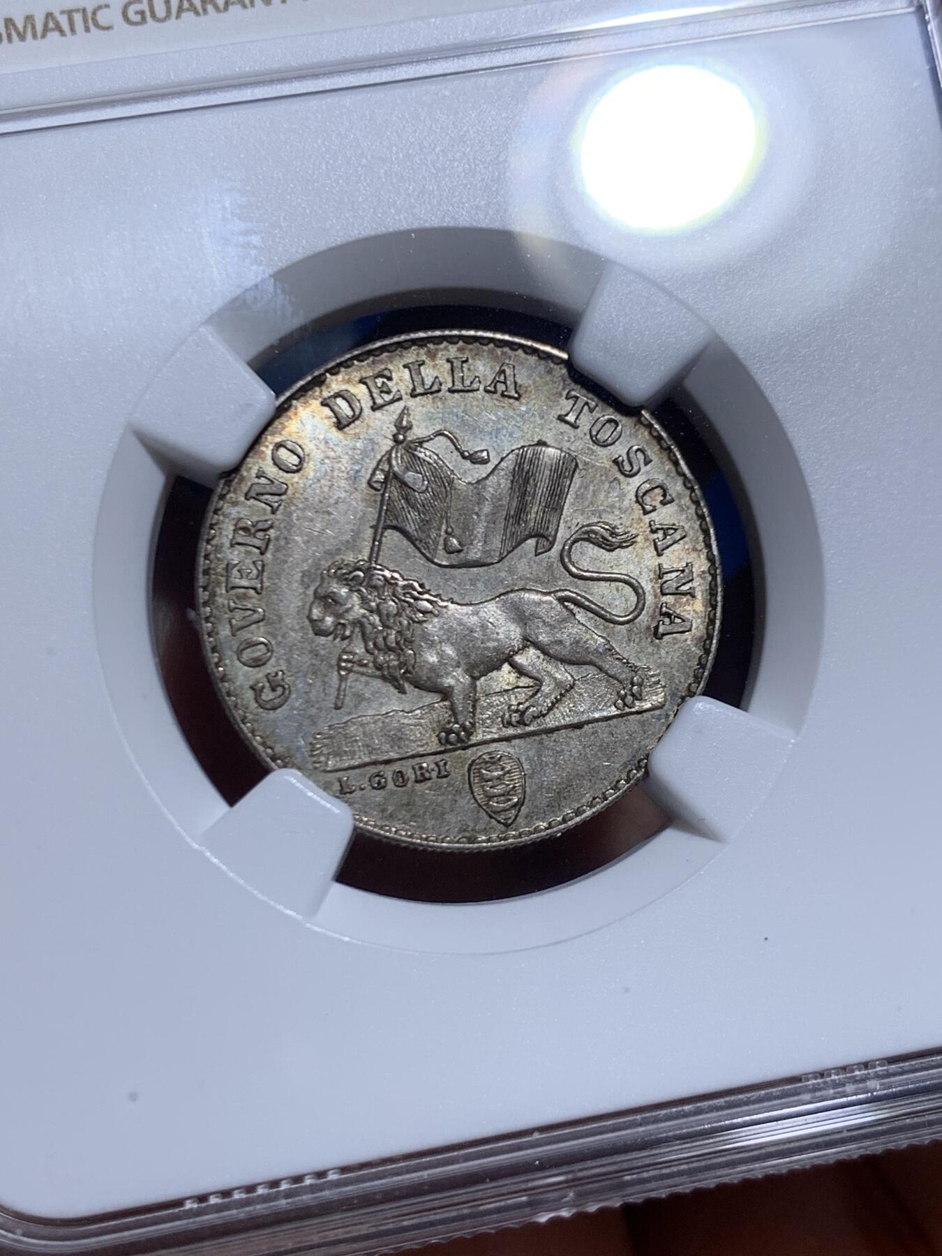 《竞宝斋》第464场 周日，周一，周二，3场连拍 （全场包邮）欢迎送拍 NGC MS62+意大利 1859 托斯卡纳1 forin 银币 临时政府发行的唯一银币