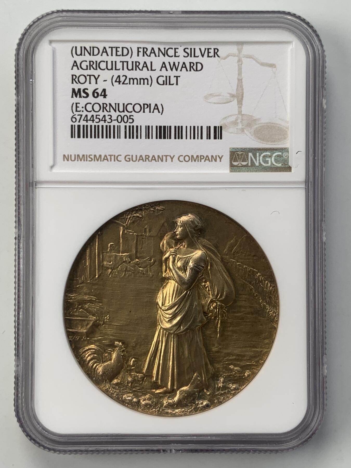 掌中浮雕-藏着的欧洲第052场 NGC MS64 : 法国农业竞赛委员会镀金银章，42mm
