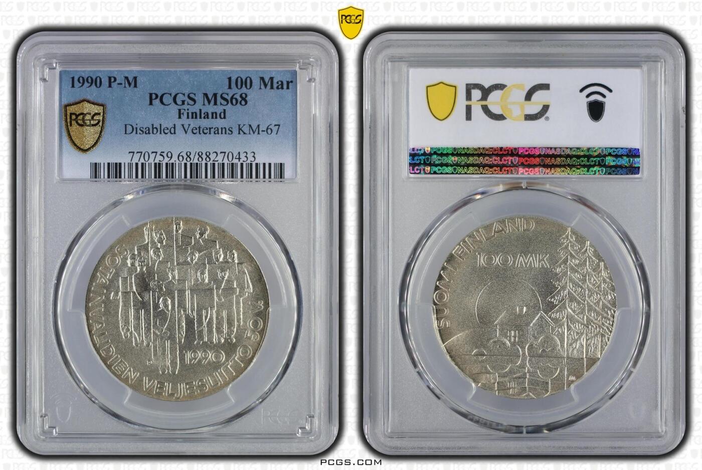 S&S Numismatic世界钱币-拍卖 第120期  获奖币-芬兰1990年 残疾退伍军人组织50周年 100马克纪念银币 24克835银 PCGS MS68