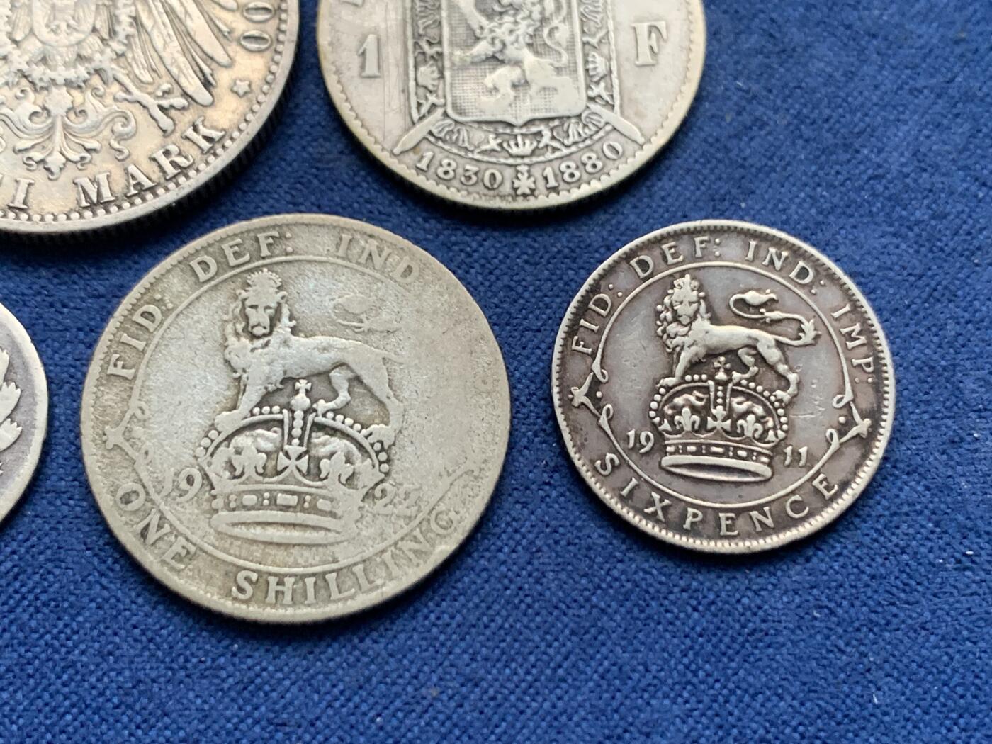 《竞宝斋》第464场 周日，周一，周二，3场连拍 （全场包邮）欢迎送拍 五枚一组 德国2马克+比利时1法郎+英国1先令+法国半法郎+英国6便士