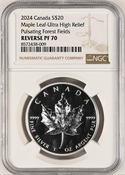 S&S Numismatic世界钱币-拍卖 第120期  - 加拿大2024年 枫叶-脉动森林 20加元高浮雕反精制1盎司9999银币 NGC REVERSR PF70冠军分