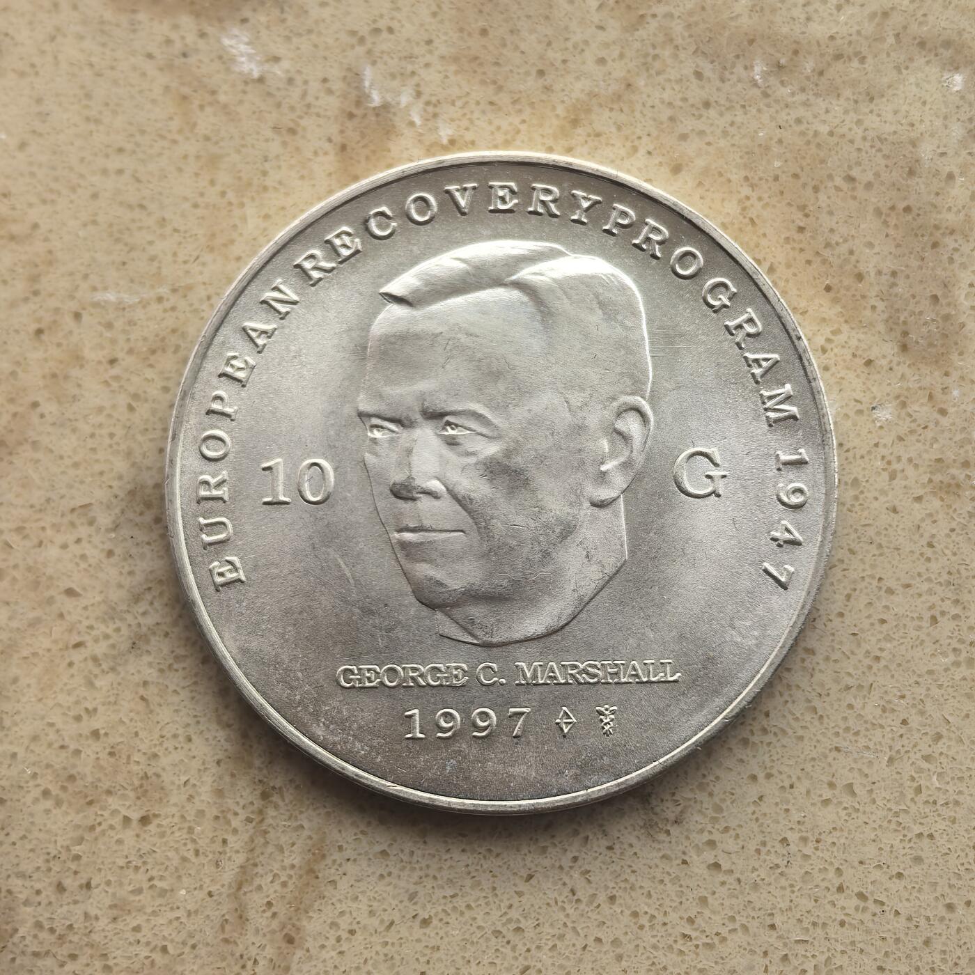 道一币馆币章第一百六十五场 荷兰1997年马歇尔计划50周年10盾纪念银币  15g 800s