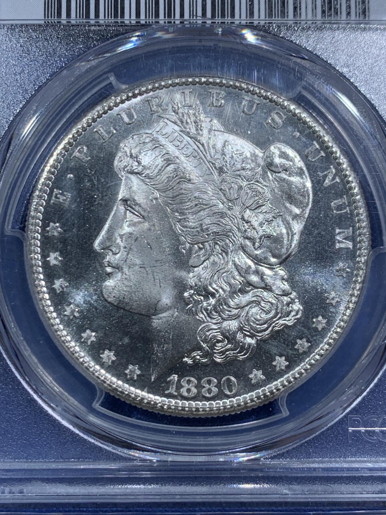 《竞宝斋》第464场 周日，周一，周二，3场连拍 （全场包邮）欢迎送拍 PCGS MS65PL 美国 1880年 1美元 摩根银币 高分+PL类精致 超强转光 收藏一步到位