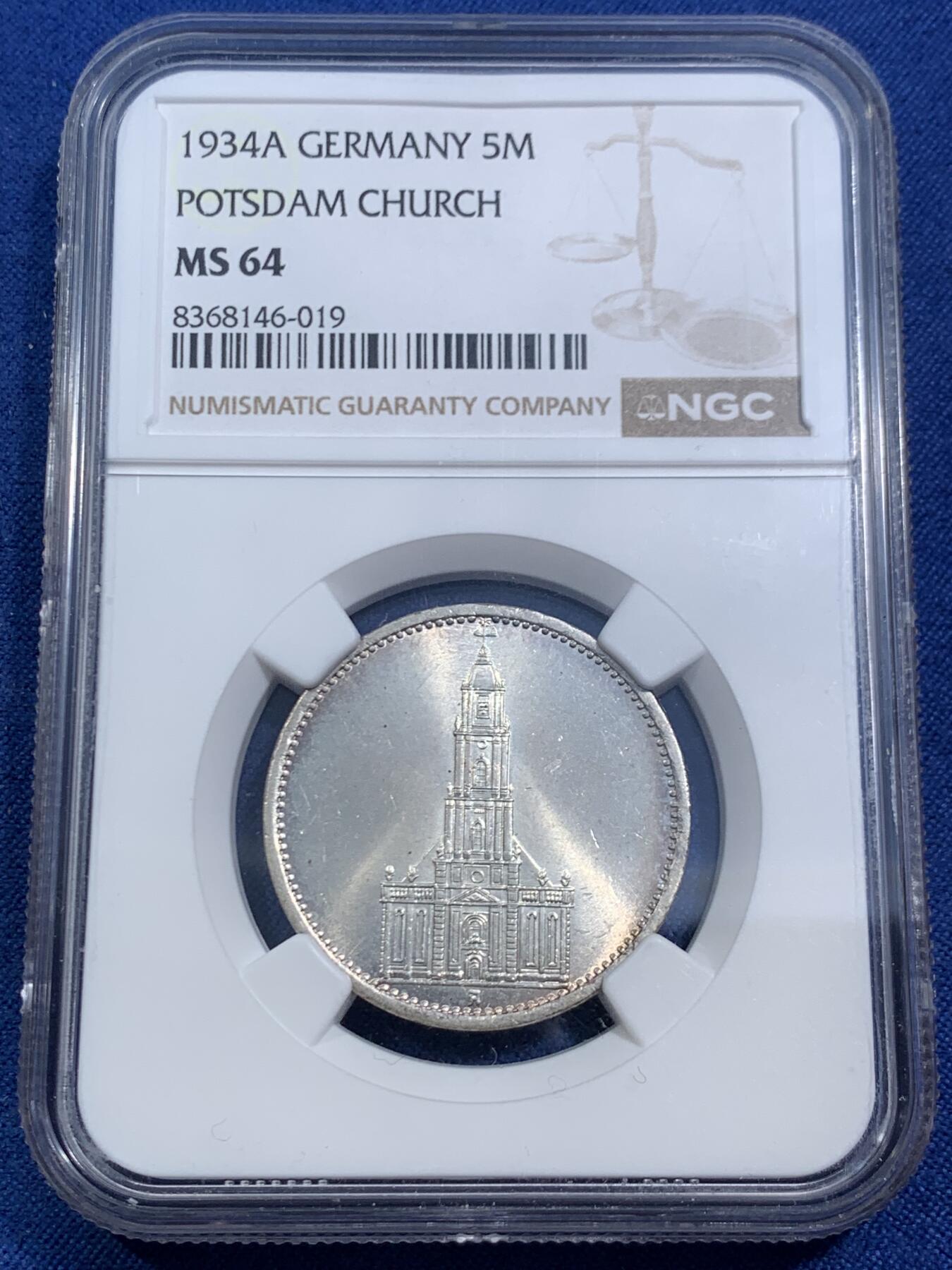 《竞宝斋》第464场 周日，周一，周二，3场连拍 （全场包邮）欢迎送拍 NGC MS64 德国 1934年 无日期版教堂5马克 柏林厂 冠军分！受限于工艺无字教堂马克上64分的极少