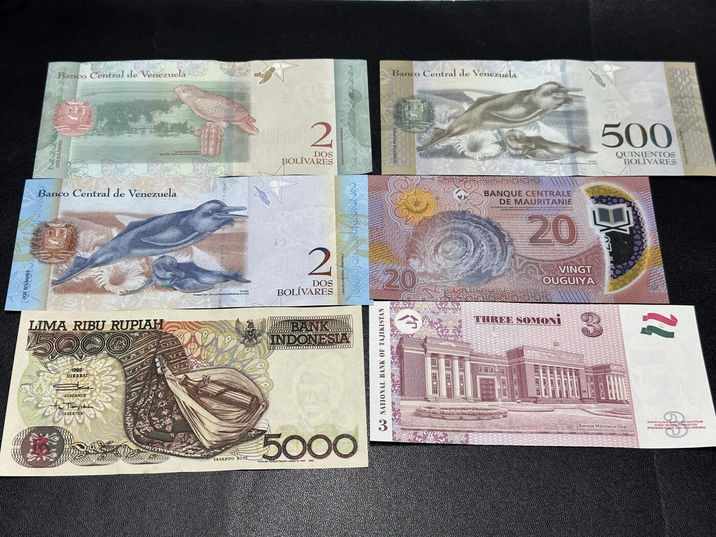 《外钞收藏家》第六百零七期（畅拍场）（本平台长期征集拍品、欢迎藏友们联系合作） 委内瑞拉3张——印尼5000+毛里塔尼亚+塔吉克斯坦一起 全新 印尼不绝有小裂口和荧光瑕疵