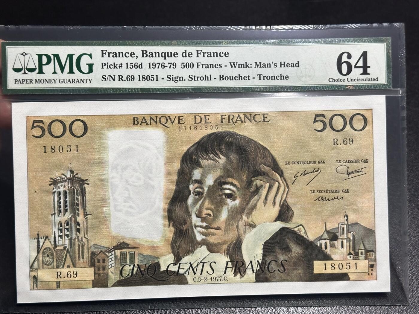 《外钞收藏家》第六百零七期（畅拍场）（本平台长期征集拍品、欢迎藏友们联系合作） 1977年法国500法郎 PMG64 无47金马号