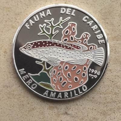 道一币馆币章第一百六十五场 - 古巴1994年加勒比海动物群-五彩黄鲈10比索精制银币  20g 999S