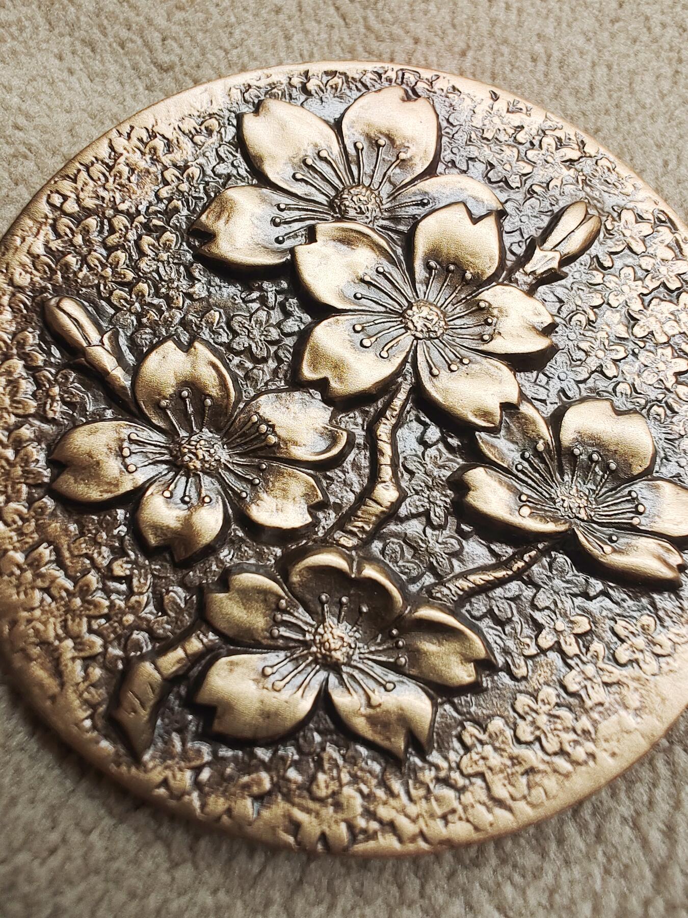 日本尾道市100周年浮雕樱花大铜章 赏牌 镇尺