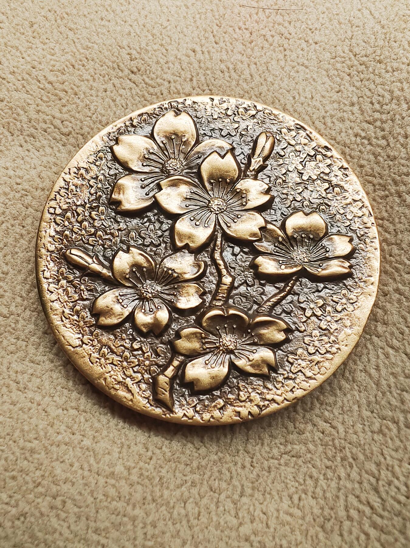 日本尾道市100周年浮雕樱花大铜章 赏牌 镇尺