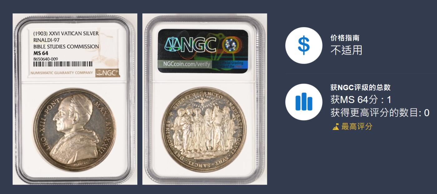 「木头集藏」“ 新岁撷珍”——章牌精品专场！ BIANCHI～1903年梵蒂冈教皇利奥十三世“圣经研究委员会”纪念银章，MS 64 ，直径：44 mm，品相很好，NGC最高分，收藏佳品。