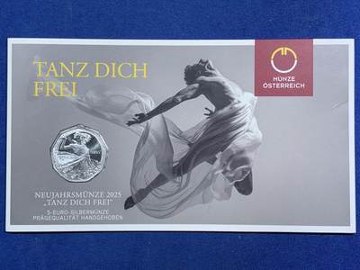《竞宝斋》第464场 周日，周一，周二，3场连拍 （全场包邮）欢迎送拍 - 奥地利2025年新年--尽情舞动原封卡装纪念银币，盒证全(卡装盒、证书). 高颜值漂亮银币，8.41g，925银，面值5欧