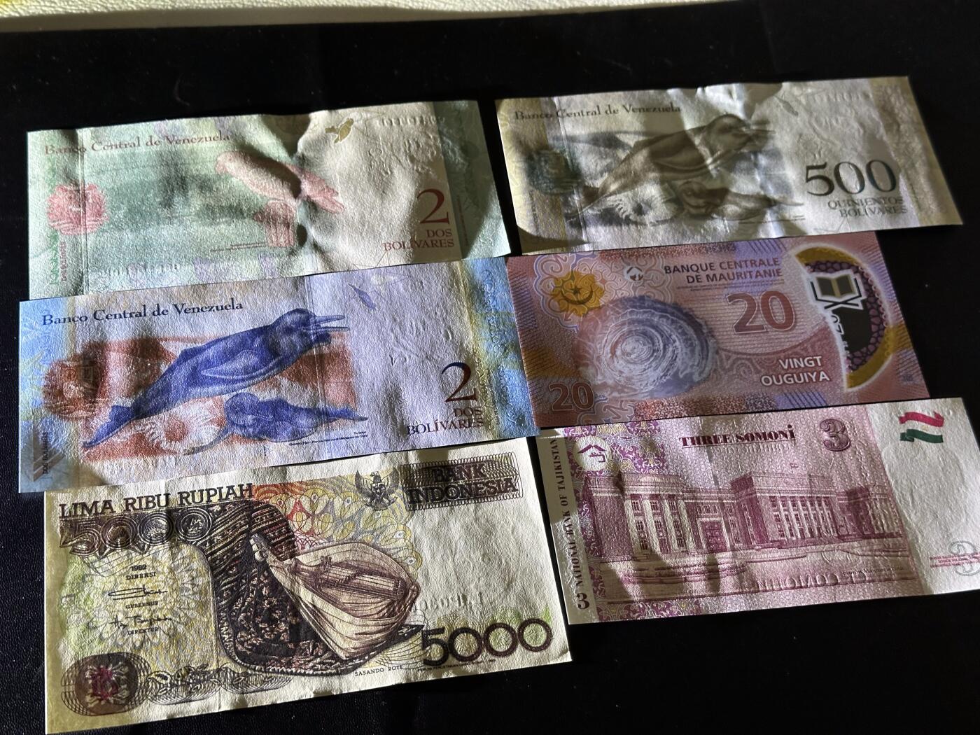 《外钞收藏家》第六百零七期（畅拍场）（本平台长期征集拍品、欢迎藏友们联系合作） 委内瑞拉3张——印尼5000+毛里塔尼亚+塔吉克斯坦一起 全新 印尼不绝有小裂口和荧光瑕疵